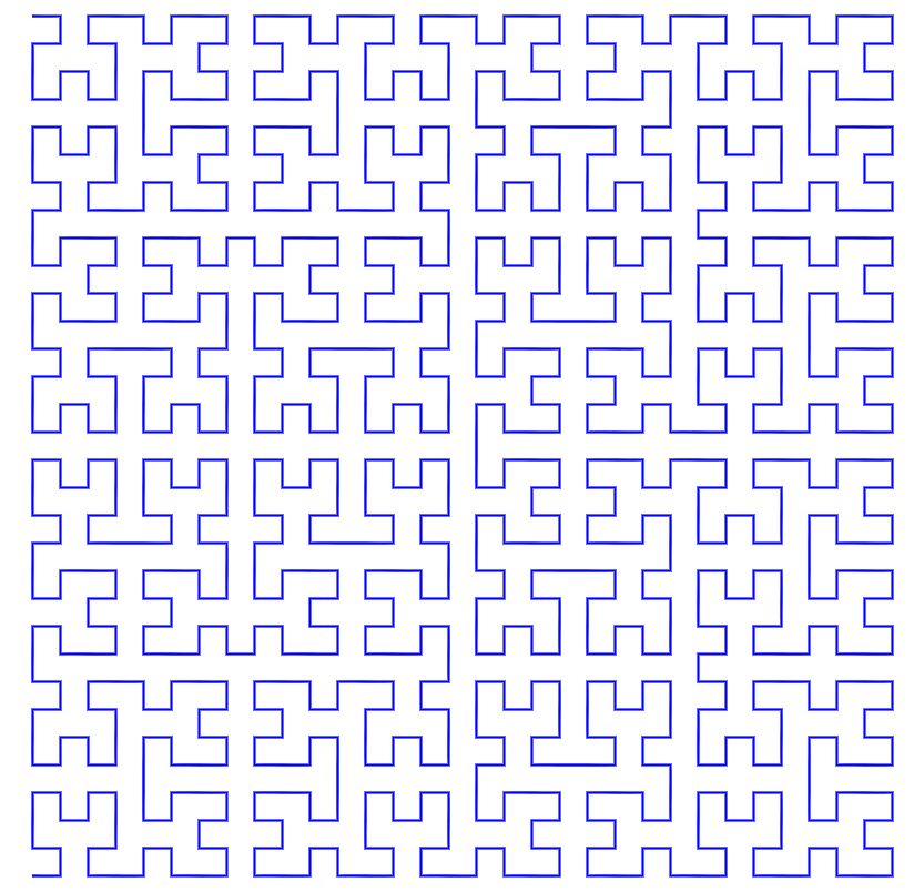 A single blue continuous fractal space-filling Hilbert curve made of straight lines bending in perpendicular corners